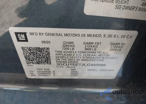 2020 Chevrolet Silverado 1500 4Wd Short Bed Rst из США, поврежденный, VIN 3GCUYEET2LG450999